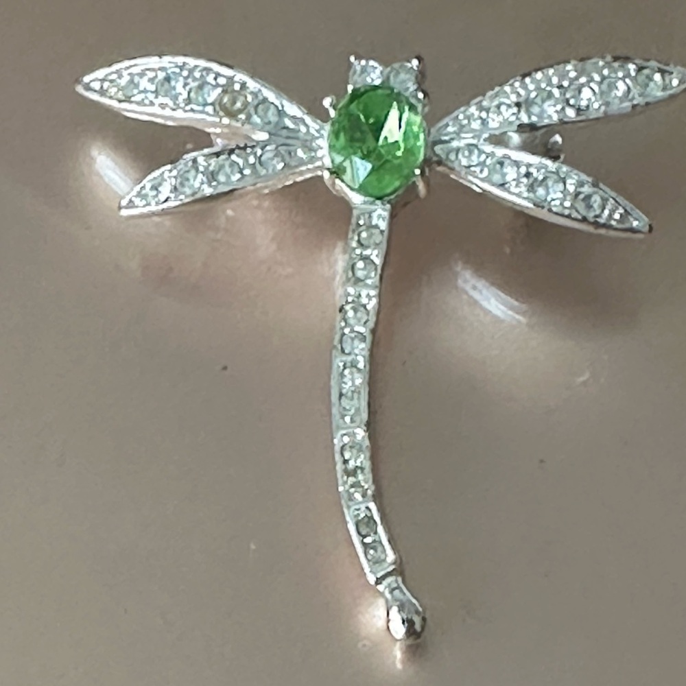 Elegant Silver and Green Dragonfly Brooch